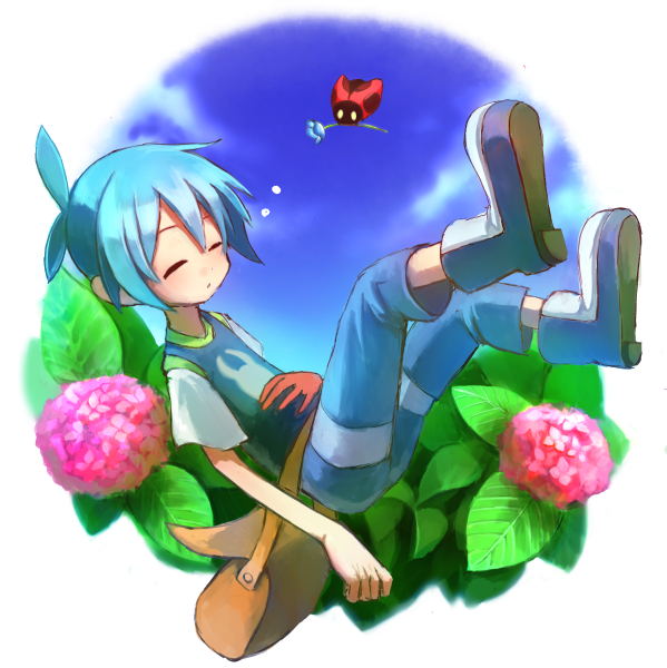 1boy antenna_hair arm_at_side bad_anatomy bad_hands bag blue_boots blue_flower blue_hair blue_pants blue_sky boots brown_bag closed_eyes closed_mouth cloud day dot_nose floating flower foliage full_body hand_on_own_stomach hydrangea kino_(bbbbbru) knees_up leaf male_focus messenger_bag midair mouth_hold outdoors outside_border pants pink_flower puyopuyo puyopuyo_20th_anniversary round_image short_hair shoulder_bag sig_(puyopuyo) sky sleeping solo waist_bag