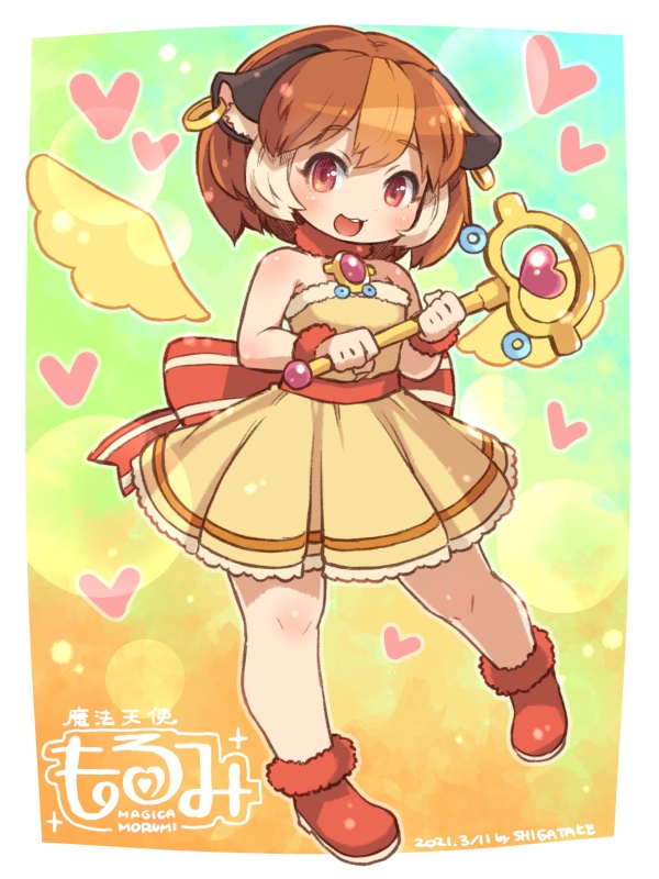 1girl :3 animal_ears artist_name back_bow bare_arms bare_shoulders blurry bokeh bow brown_hair buck_teeth commentary_request dated depth_of_field detached_wings dress earrings full_body fur-trimmed_footwear fur_trim guinea_pig_ears heart holding holding_wand jewelry leg_up logo looking_at_viewer magical_girl making-of_available morumi multicolored_hair open_mouth orange_hair paid_reward_available pui_pui_molcar red_bow red_eyes red_footwear shigatake short_hair sleeveless sleeveless_dress smile solo streaked_hair teeth wand white_hair wings wrist_cuffs yellow_dress yellow_wings