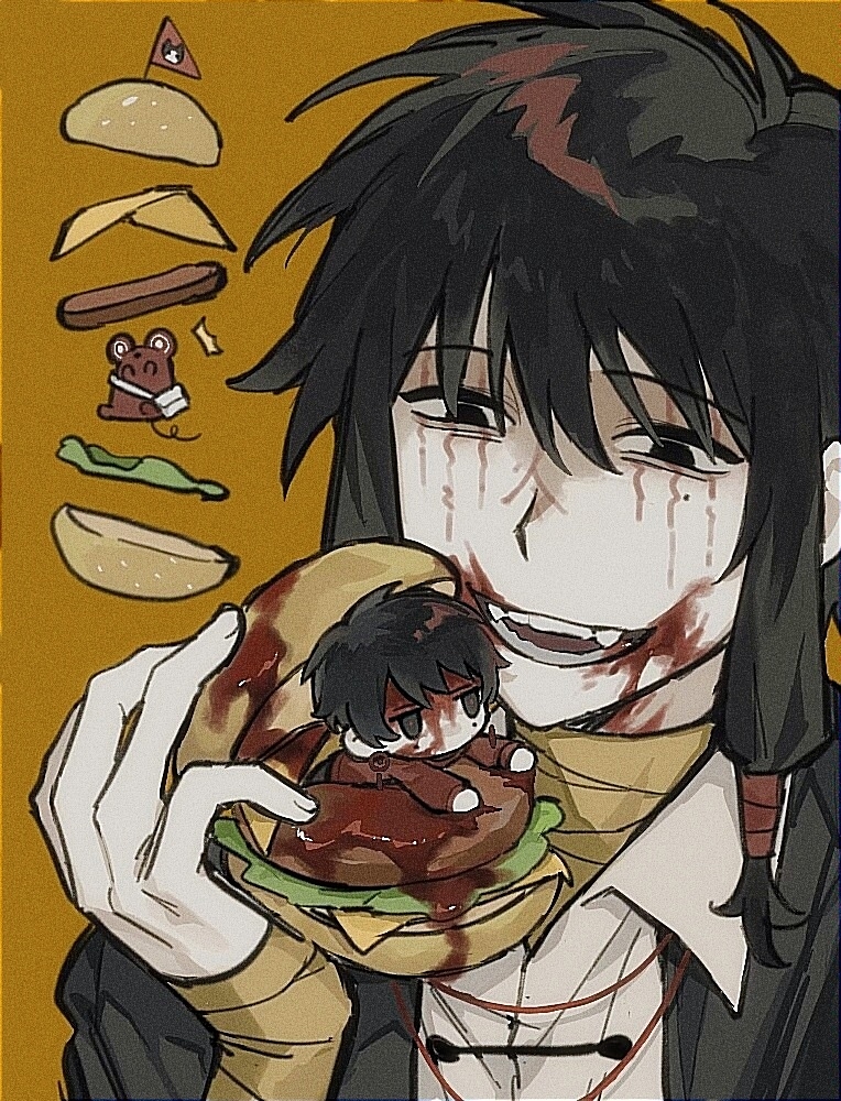 2boys ^^^ animalization bandaged_arm bandaged_neck bandages black_eyes black_hair black_jacket blood blood_from_forehead blood_on_face blood_on_food blood_on_neck bun_(food) burger cheese chinese_commentary collared_shirt commentary_request earrings facepaint fangs film_grain food holding holding_food jacket jewelry jitome lettuce li_yuting_(male) li_yuting_(mouse) long_sleeves male_focus mini_person miniboy mole mole_under_each_eye mole_under_eye mouse_(animal) multiple_boys multiple_moles open_clothes open_jacket open_mouth red_shirt rice_(somasuki_77) sesame_seeds shirt short_hair smile touqi_guaitan white_shirt yellow_background ziche_fuzhao