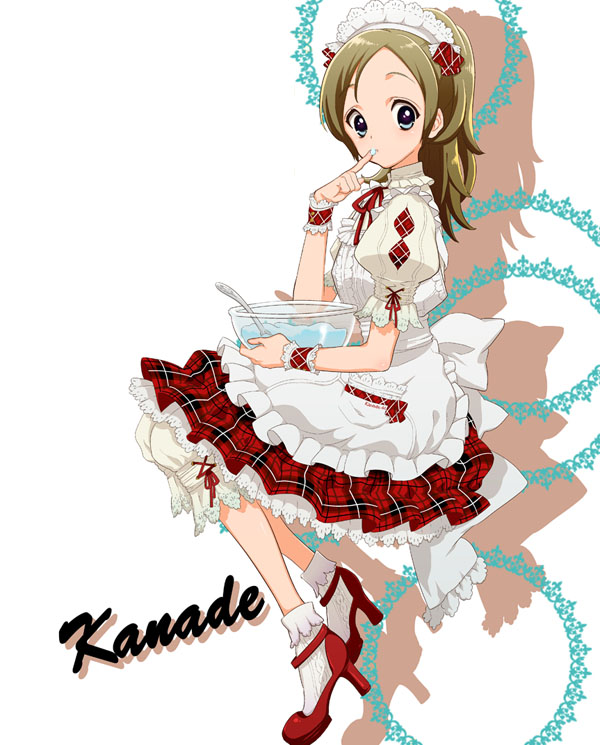 10s 1girl baking bloomers blue_eyes bobby_socks bowl brown_hair character_name dress female_focus frills full_body hairband high_heels long_hair minamino_kanade plaid precure puffy_sleeves shadow shoes socks solo spoon suite_precure underwear white_background zooya