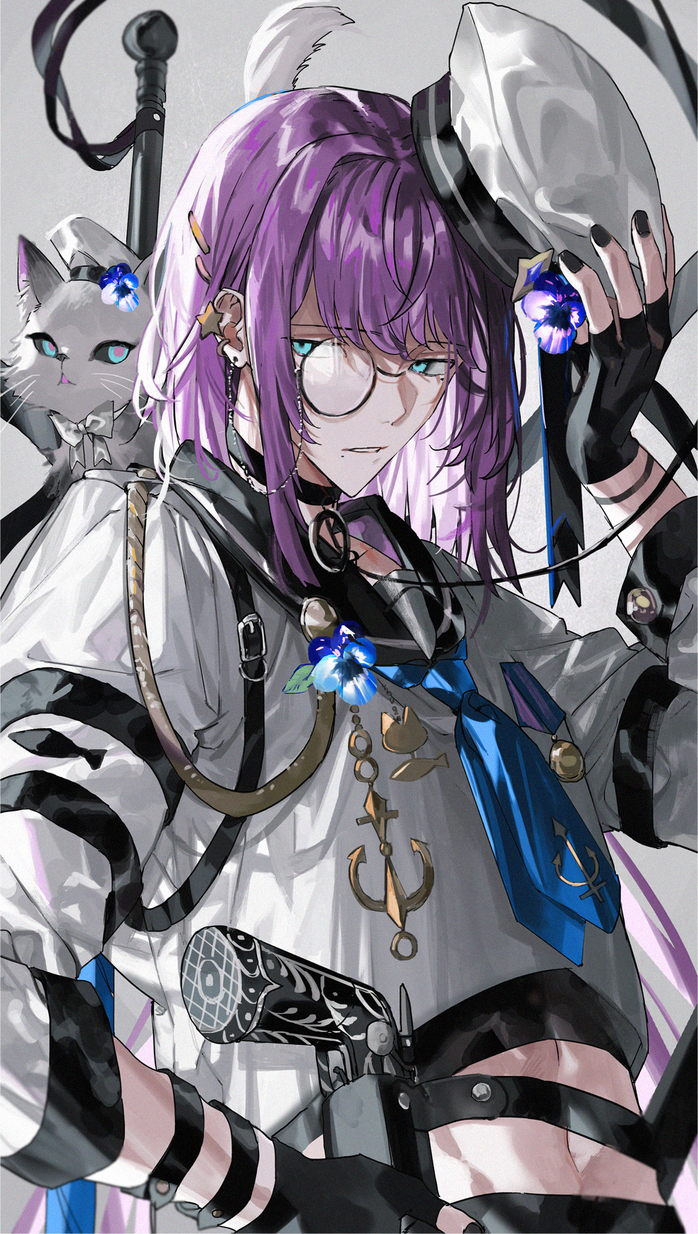 1boy anchor_print anchor_symbol aqua_eyes arm_strap black_choker black_gloves black_nails black_sailor_collar blue_flower blue_necktie blurry blurry_background bow bowtie cat choker commentary_request ear_piercing earrings fingerless_gloves flower flower_ornament gloves grey_background gun hair_ornament hair_scrunchie hand_on_own_hip hat hat_flower highres holding holding_unworn_clothes holding_unworn_hat jewelry long_hair looking_at_viewer male_focus midriff mole mole_under_eye mole_under_mouth monocle monocle_chain nana_tetra navel necktie original parted_lips piercing purple_flower purple_hair sailor_collar sailor_hat sailor_shirt scrunchie shirt simple_background solo teeth unworn_hat unworn_headwear upper_body weapon white_bow white_bowtie white_cat white_hat