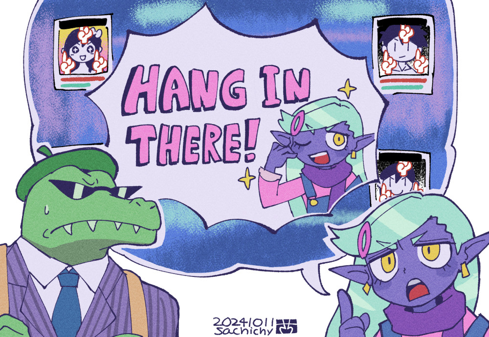 2boys aizawa_sachi aubrey_(headspace)_(omori) aubrey_(omori) blue_necktie blue_overalls colored_skin dated earrings formal_clothes gator_guy_(omori) green_hair hair_ornament hairclip hero_(headspace)_(omori) hero_(omori) index_finger_raised jewelry long_hair male_focus multiple_boys necktie omori omori_(omori) open_mouth overalls pointy_ears purple_scarf purple_skin rococo_(omori) scarf sharp_teeth speech_bubble suit sunglasses swept_bangs teeth upper_teeth_only yellow_eyes