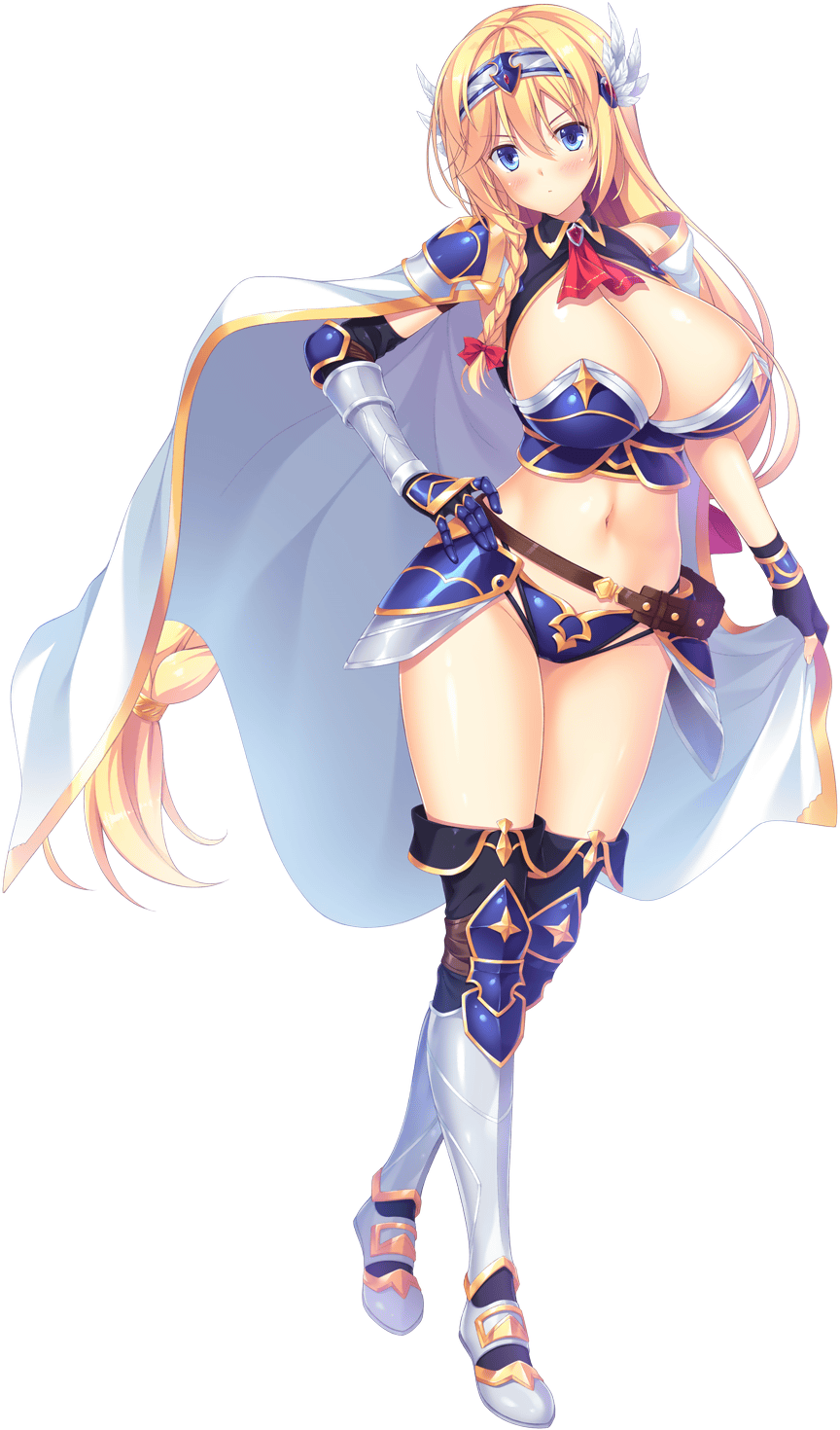 1girl alencia_jonah_elborg armor armored_boots bikini bikini_armor blonde_hair blue_bikini blue_eyes blush boots braid braided_ponytail breasts cape cleavage closed_mouth dot_mouth full_body game_cg gauntlets greaves hand_on_own_hip highres hinata_nao large_breasts leather leather_boots long_hair navel non-web_source official_art revealing_clothes sex_open_world_e_youkoso! shoulder_armor side_braid single_braid solo swimsuit thigh_boots transparent_background v-shaped_eyebrows vambraces very_long_hair voice_actor_connection white_cape winged_hair_ornament yoneshima_nozomi