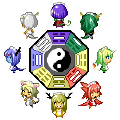 6+girls aliasing animal_ears antlers blonde_hair blue_hair blue_skin cat_ears cat_tail character_request chibi colored_skin dress from_behind futaba_channel green_hair grin horns kirin_(nijiura_maids) kouryuu_(nijiura_maids) long_hair lowres maid maid_headdress monster_girl multiple_girls nijiura_maids pixel_art red_hair seiryuu_(nijiura_maids) shisei shisei-san short_hair silver_hair simple_background single_horn smile spiked_hair standing tail trigram white_background yin_yang
