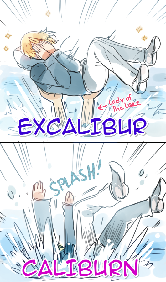 10s 1girl 2boys 2koma arrow_(symbol) blonde_hair caliburn_(fate) carrying character_name cioccolatodorima comic covering_face english_text excalibur_(fate/stay_night) excalibur_(mythology) fate_(series) hands_on_own_face hood hoodie in_water lady_of_the_lake lake male_focus multiple_boys original pants short_hair sparkle splashing touken_ranbu white_pants