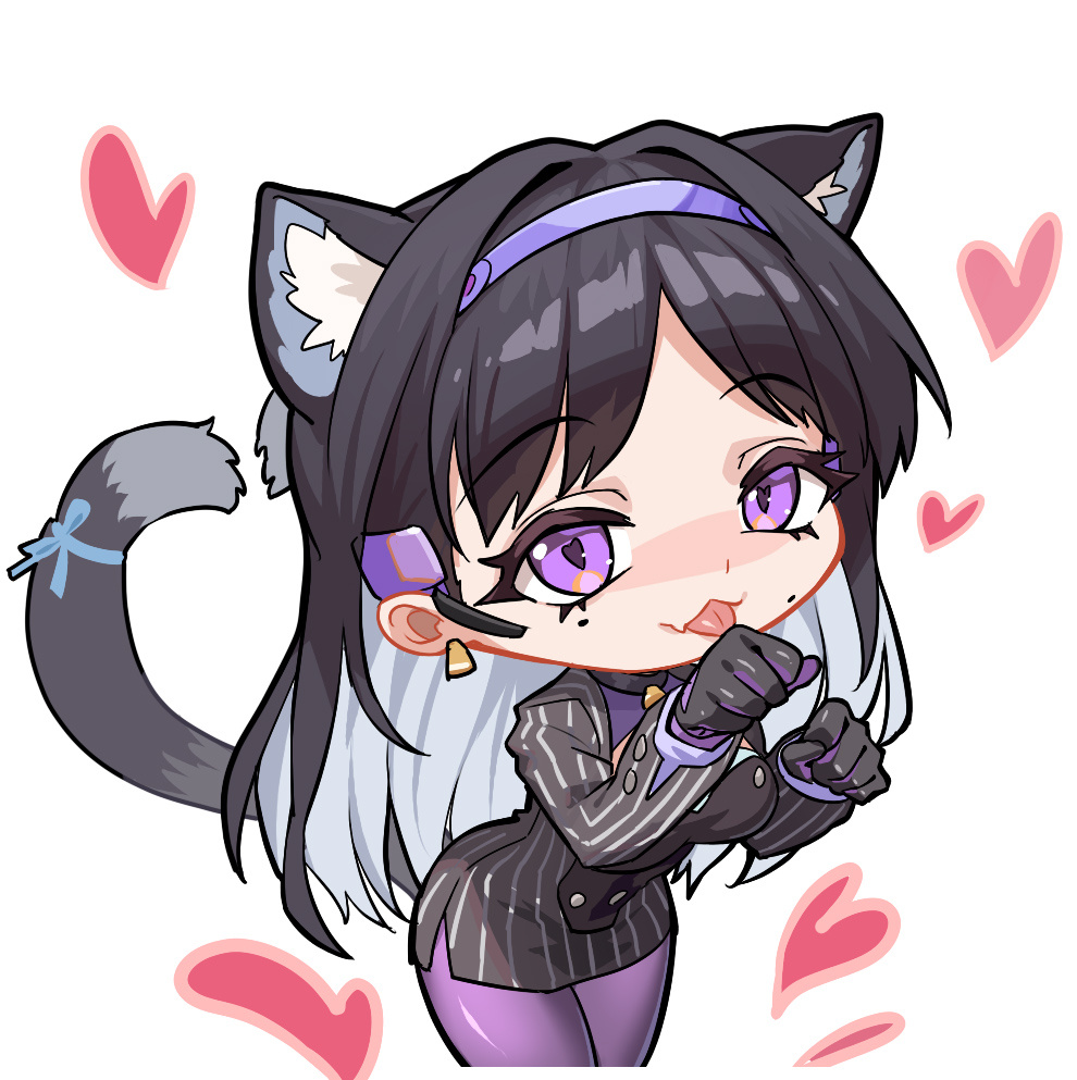 1girl animal_ears artist_request black_hair cat_ears cat_girl cat_tail chibi chibi_only chinese_commentary dress fang girls&#039;_frontline girls&#039;_frontline_neural_cloud hair_intakes headset inola_(neural_cloud) mole mole_under_eye official_art pantyhose pinstripe_dress pinstripe_pattern purple_bodystocking purple_eyes second-party_source skin_fang solo tail tongue tongue_out