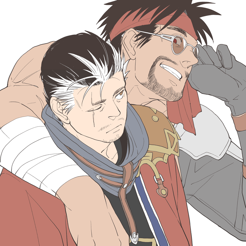 2boys 4100 adjusting_eyewear arm_around_shoulder armor auron black_hair brown_eyes facial_hair final_fantasy final_fantasy_x gloves grin headband implied_yaoi japanese_clothes jecht long_hair looking_at_another male_focus multiple_boys muscular no_eyewear one_eye_closed red_eyes scar scar_across_eye scar_on_face shoulder_armor smile sunglasses topless_male white_background yaoi