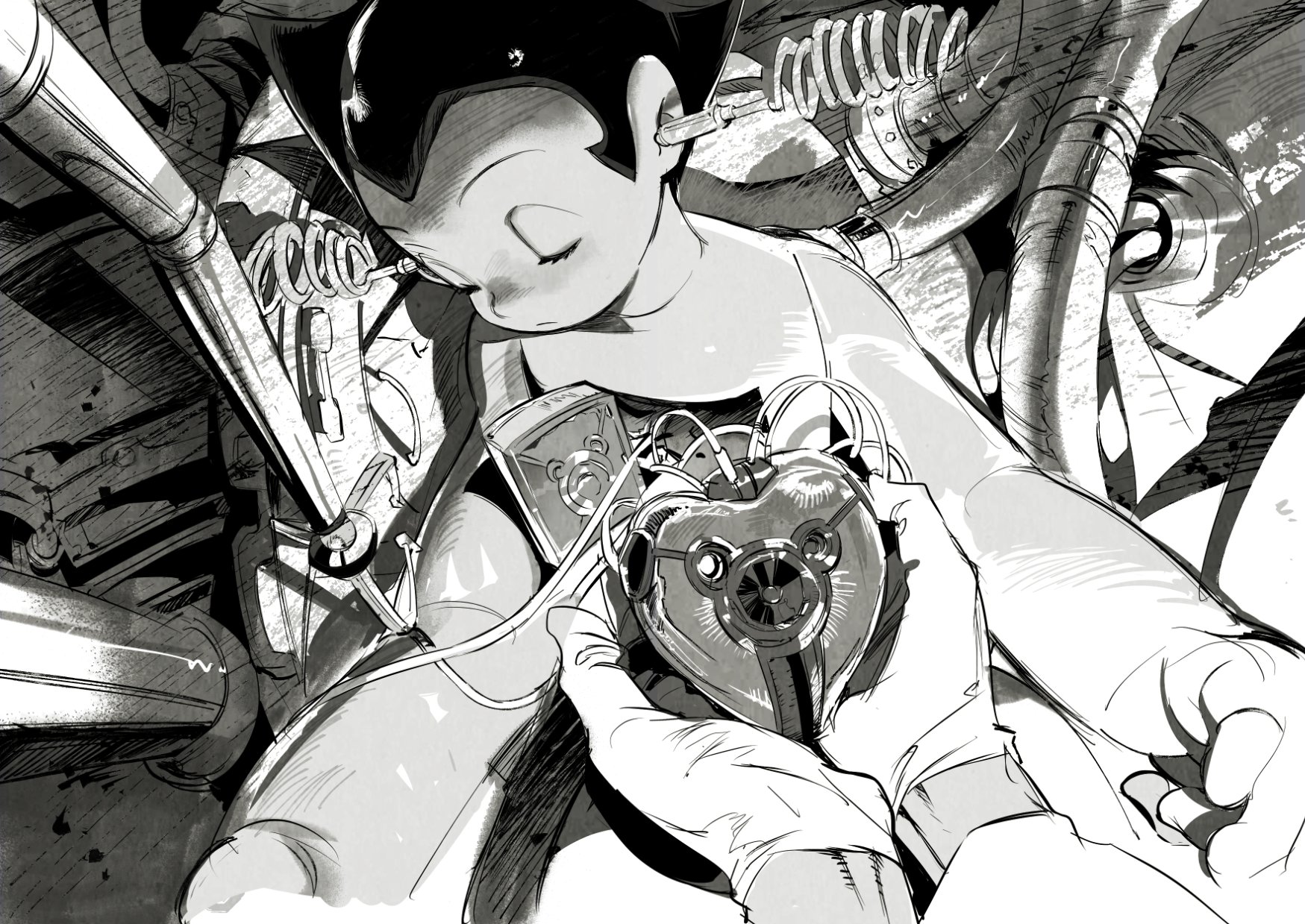 2boys android atie1225 atom_(tetsuwan_atom) cable chinese_commentary closed_eyes closed_mouth commentary_request cupping_hands gloves greyscale heart highres holding holding_heart hole_in_chest hole_on_body long_sleeves machinery metal_hair monochrome multiple_boys own_hands_together pov pov_hands short_hair solo_focus spiked_hair tenma_umatarou tetsuwan_atom tube unconscious