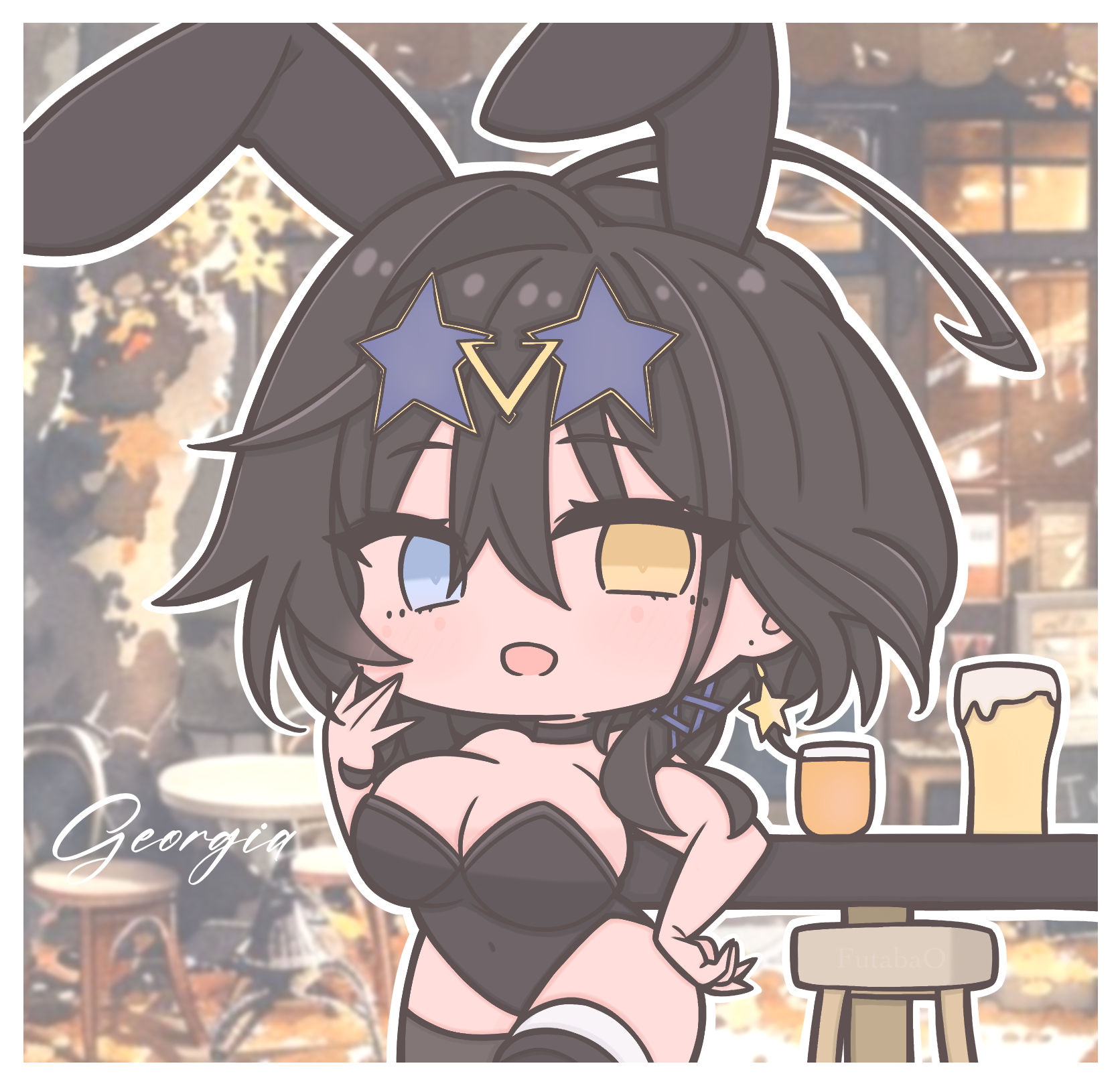 1girl alternate_costume animal_ears azur_lane bare_shoulders black_choker black_hair black_leotard black_thighhighs blue-tinted_eyewear blue_eyes breasts character_name chibi chibi_only choker cleavage commentary cowboy_shot detached_collar earrings fake_animal_ears futaba_(anti_clockwise) georgia_(azur_lane) hair_between_eyes heterochromia highres jewelry large_breasts leotard long_hair looking_at_viewer medium_hair open_mouth playboy_bunny rabbit_ears solo star-shaped_eyewear star_(symbol) star_earrings strapless strapless_leotard symbol-only_commentary thighhighs tinted_eyewear yellow_eyes