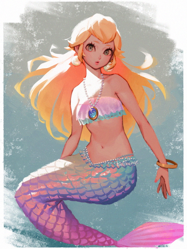 1girl artist_name bandeau bellhenge blonde_hair bracelet earrings jewelry looking_at_viewer mario_(series) mermaid mermaid_peach monster_girl navel necklace nintendo pearl_earrings pearl_necklace princess_peach princess_peach:_showtime! scales solo stomach