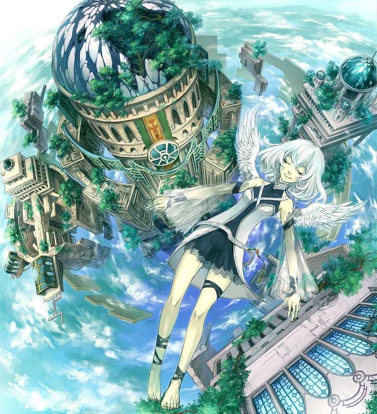 1girl angel barefoot closed_eyes cloud dome dress female_focus floating_city kutay original overgrown ruins scenery see-through_clothes sky smile solo tree white_hair wings