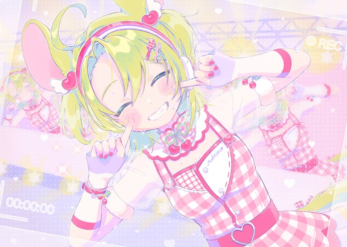 1girl ahoge ashton_marten_(vtuber) belt blush bracelet buckle checkered_clothes checkered_dress chinchilla_ears chinchilla_girl chinchilla_tail closed_eyes commentary commission dress english_commentary facing_viewer fingersmile gloves green_hair green_ribbon grin hair_ornament hairband hairclip heart heart-shaped_buckle indie_virtual_youtuber jewelry red_belt red_hairband red_nails ribbon shirt short_hair short_sleeves skeb_commission smile solo uxu_uxa_axa viewfinder virtual_youtuber white_gloves white_shirt