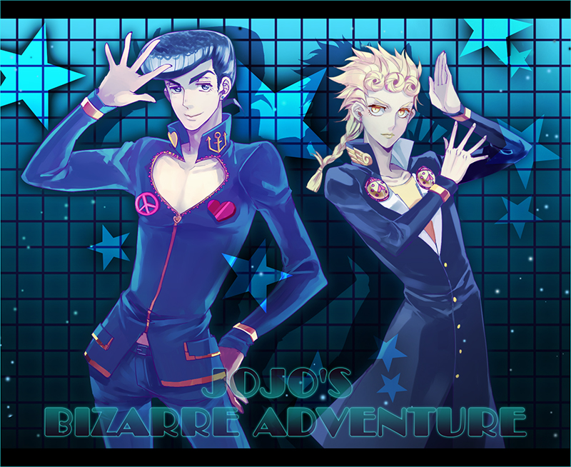 2boys black_hair blonde_hair blue_eyes cosplay costume_switch gakuran giorno_giovanna giorno_giovanna_(cosplay) higashikata_josuke higashikata_jousuke_(cosplay) jojo_no_kimyou_na_bouken lan_(15lan) multiple_boys pompadour school_uniform vento_aureo yellow_eyes