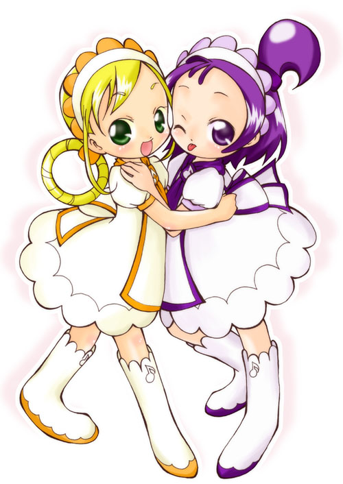 2girls asuka_momoko blonde_hair green_hair multiple_girls ojamajo_doremi purple_eyes purple_hair segawa_onpu
