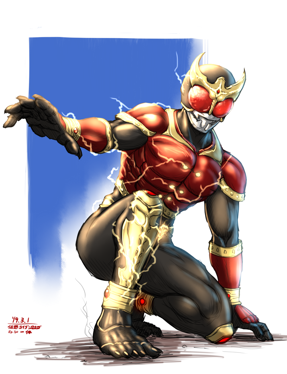 1boy anklet arcle_(kuuga) armor black_bodysuit blue_background bodysuit bug commentary_request highres horns jewelry kamen_rider kamen_rider_kuuga kamen_rider_kuuga_(rising_mighty_form) kamen_rider_kuuga_(series) landing leg_armor lightning open_hand outside_border red_armor red_eyes stag_beetle taikyoku_tsurugi toes tokusatsu