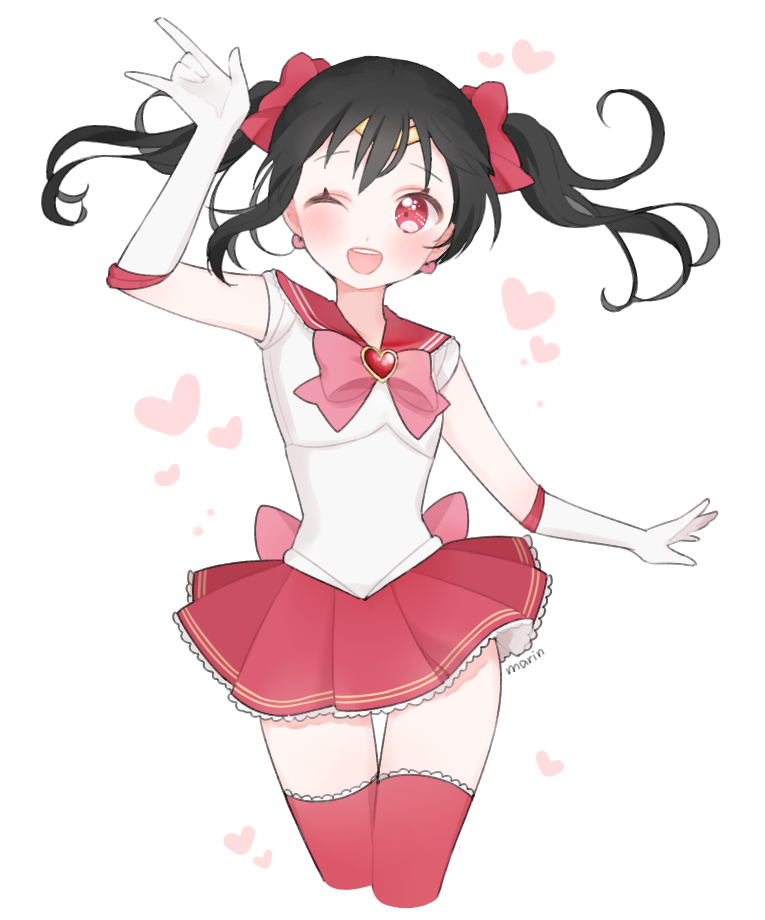 1girl ;d artist_name bad_id bad_twitter_id bishoujo_senshi_sailor_moon black_hair blush bow cosplay cropped_legs earrings elbow_gloves female_focus gloves hair_bow happy heart heart_earrings jewelry lace lace-trimmed_legwear lace-trimmed_skirt lace_trim long_hair love_live! love_live!_school_idol_project m/ magical_girl marin_(myuy_3) one_eye_closed open_mouth parody red_eyes red_thighhighs sailor_senshi sailor_senshi_(cosplay) skirt smile solo thigh_gap thighhighs twintails unofficial_sailor_senshi_uniform white_gloves wink yazawa_nico zettai_ryouiki