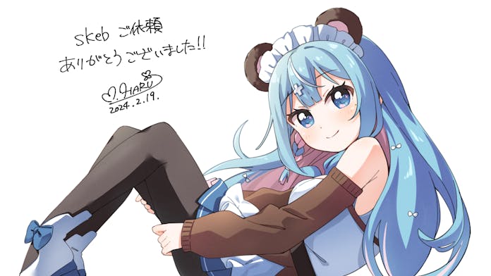 1girl animal_ears bare_shoulders bear_ears black_pantyhose blue_eyes blue_hair blush braid brown_sleeves closed_mouth colored_inner_hair commentary_request commission dated detached_sleeves dot_nose dress feet_out_of_frame hair_ornament haru_(konomi_150) indie_virtual_youtuber long_hair looking_at_viewer maid_headdress multicolored_hair pantyhose pink_hair shigma_riu shoes signature simple_background single_braid skeb_commission sleeveless sleeveless_dress smile solo streaked_hair virtual_youtuber white_background white_dress white_hair white_shoes