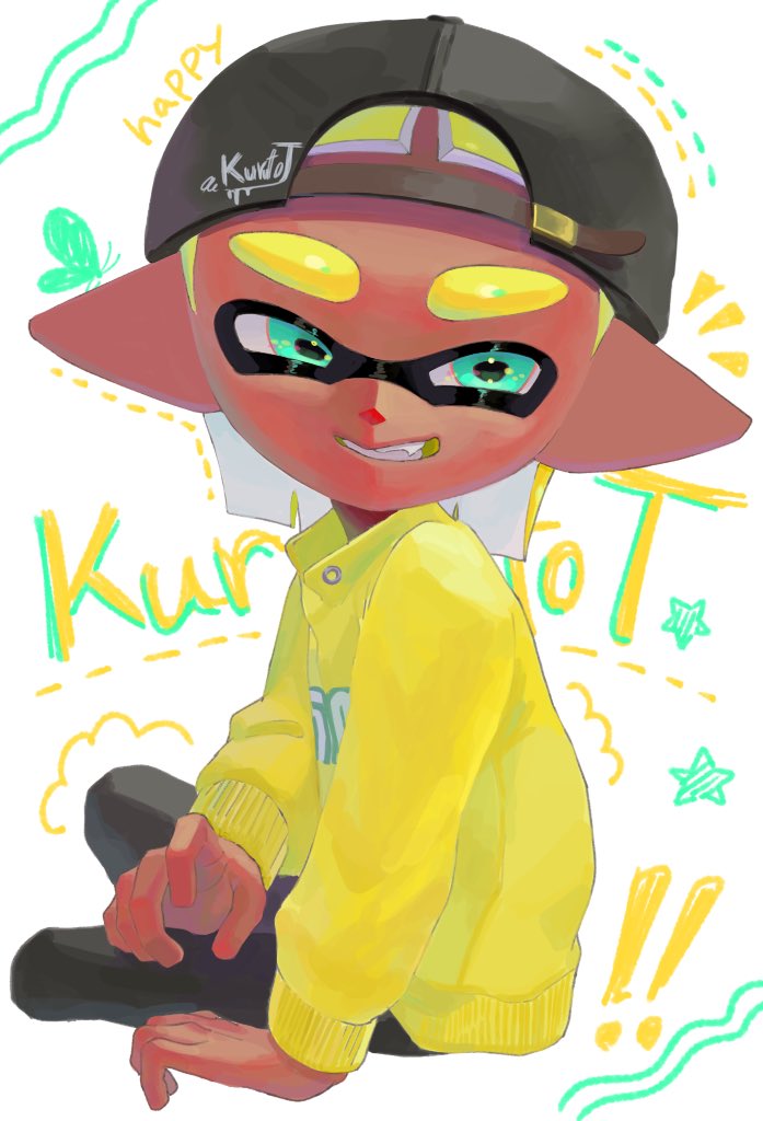 1boy aqua_eyes artist_name backwards_hat baseball_cap black_hat black_pants blonde_hair blunt_bangs blunt_ends colored_mouth dark-skinned_male dark_skin doodle_inset fang from_side grin half-closed_eyes hand_on_floor hand_up hat inkling_boy inkling_player_character invisible_floor kurutot1 leaning_to_the_side looking_back male_focus medium_hair nintendo pants parted_hair perspective short_bangs sitting smile solo splatoon_(series) sweater thick_eyebrows white_background yellow_sweater yokozuwari