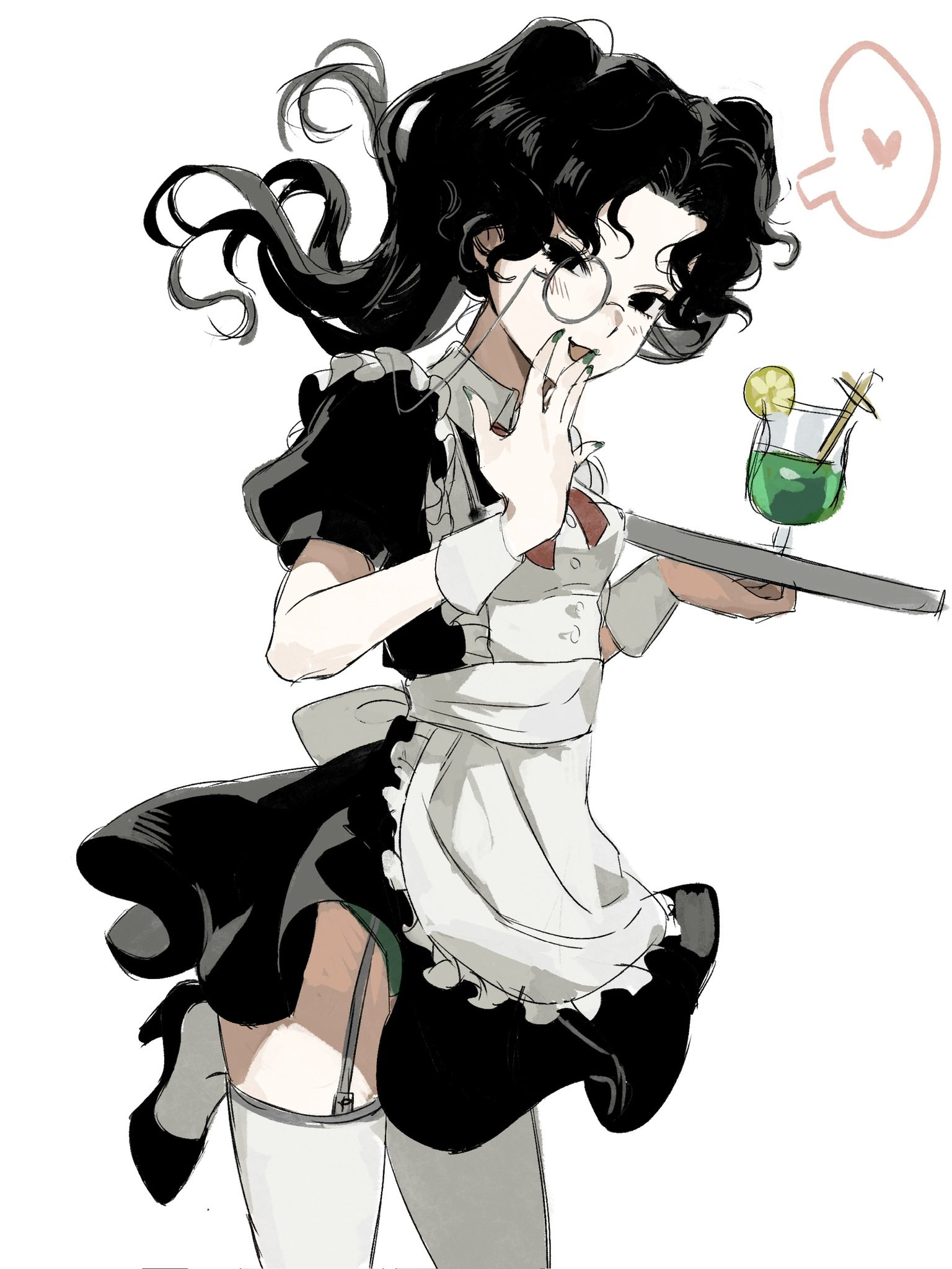 1girl amon_(lord_of_the_mysteries) apron black_dress black_eyes black_hair blush breasts cup dress frilled_apron frilled_dress frills garter_straps genderswap genderswap_(mtf) green_nails green_panties heart highres holding holding_tray kikinotamai long_hair looking_at_viewer lord_of_the_mysteries maid maid_apron monocle open_mouth panties parted_bangs puffy_short_sleeves puffy_sleeves short_sleeves simple_background smile solo spoken_heart thighhighs tray twintails underwear white_apron white_background wrist_cuffs