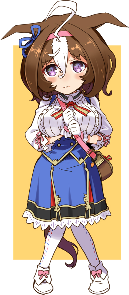 1girl ahoge animal_ears bag blue_skirt brown_hair carrying closed_mouth commentary full_body gloves hair_between_eyes hairband horse_ears horse_girl horse_tail katahira_masashi long_sleeves looking_at_viewer medium_hair medium_skirt meisho_doto_(umamusume) multicolored_hair outside_border pantyhose pink_hairband purple_eyes satchel shirt shoes skirt smile solo standing tail umamusume underbust white_gloves white_hair white_pantyhose white_shirt white_shoes