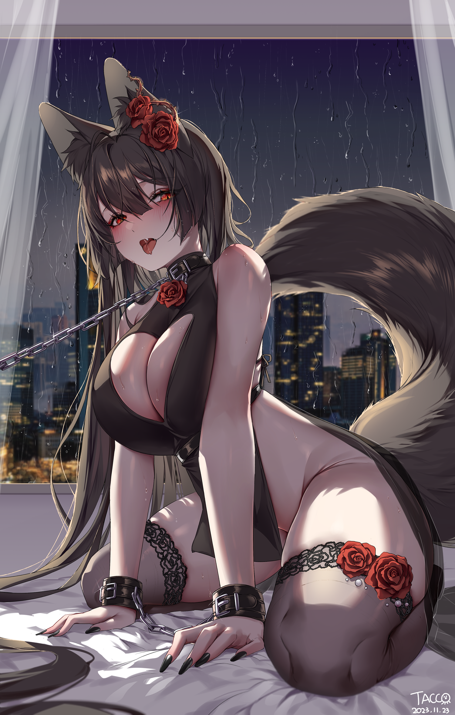 1girl animal_ear_fluff animal_ears arm_support bed_sheet black_hair black_nails black_thighhighs blunt_bangs blush bound bound_wrists breasts chain chain_leash cityscape cleavage_cutout clothing_cutout collar curtains dated dress fingernails flower fox_ears fox_girl fox_tail from_below groin hair_between_eyes hair_flower hair_ornament heterochromia highres indoors lace lace-trimmed_thighhighs lace_trim large_breasts leash long_fingernails long_hair no_panties on_bed open_mouth orange_eyes original rain red_eyes red_flower red_rose rose saliva saliva_trail see-through_clothes short_dress side_slit sidelocks signature sitting sleeveless sleeveless_dress slit_pupils sweat tacco_(tikeworld) tail thighhighs tongue tongue_out very_long_hair window