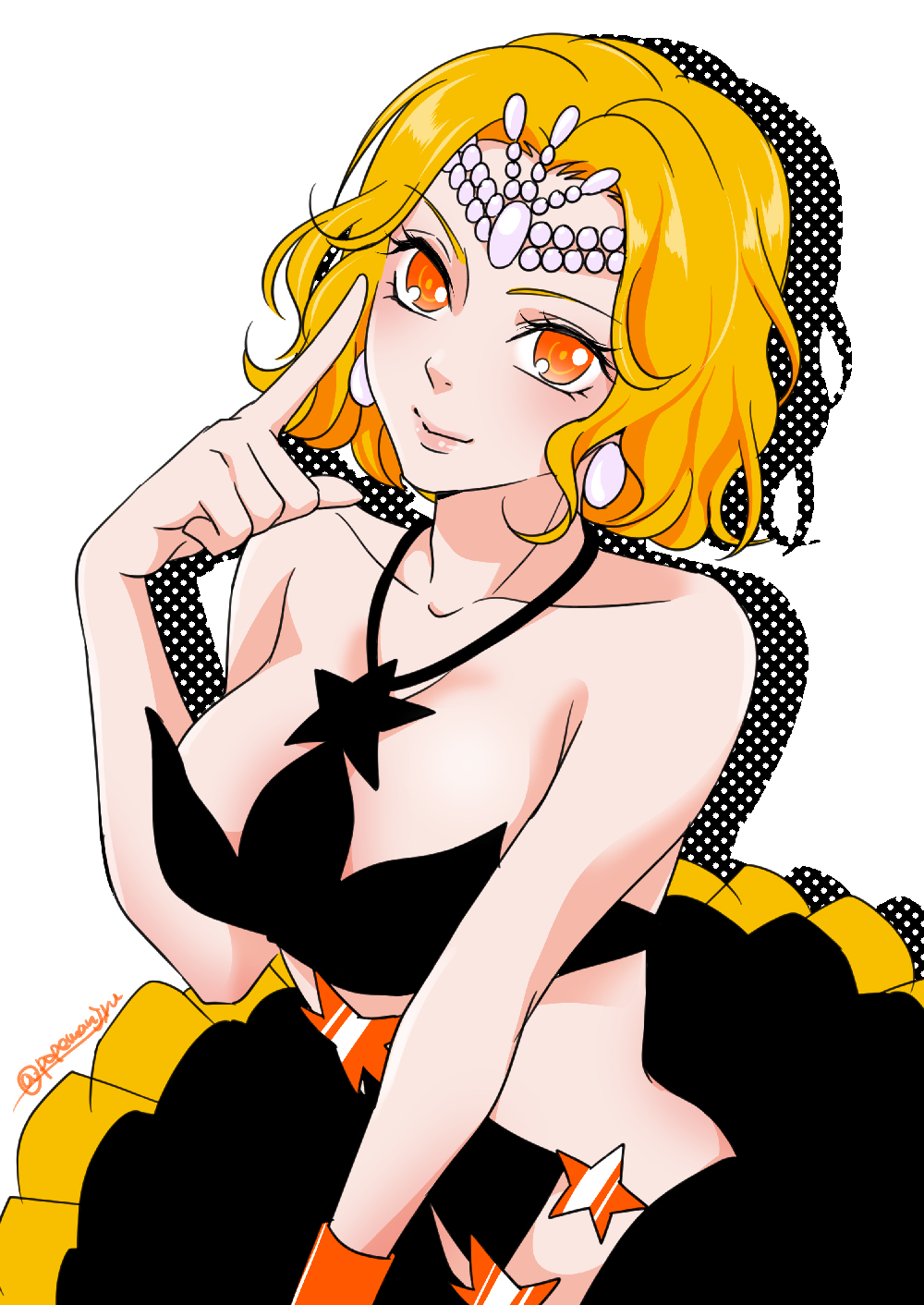 1girl bishoujo_senshi_sailor_moon bishoujo_senshi_sailor_moon_s black_skirt blonde_hair circlet collarbone cowboy_shot female_focus highres looking_at_viewer mana0311 mimete_(sailor_moon) orange_eyes short_hair skirt smile solo star_(symbol) twitter_username white_background witches_5