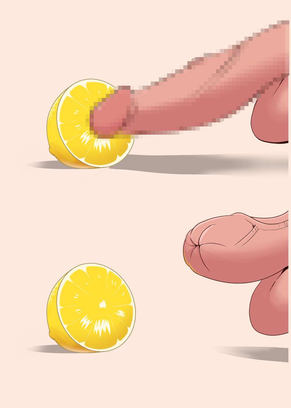 anatomical_nonsense brown_background censored commentary english_commentary food fruit highres large_penis lemon meme mosaic_censoring openlor original penis shadow simple_background testicles thour_(meme) veins veiny_penis what