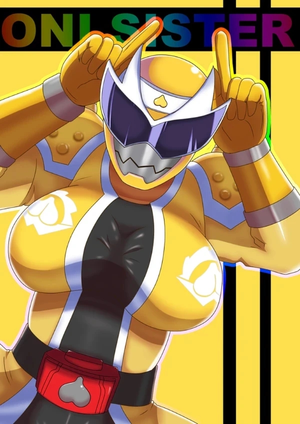 armor avataro_sentai_donbrothers belt belt_buckle breasts buckle english_text horns_pose heart heart_(symbol) helmet kito_haruka kitou_haruka large_breasts mask mugamoth shoulder_armor shoulder_pads skin_tight super_sentai visor_(armor) yellow_armor yellow_background