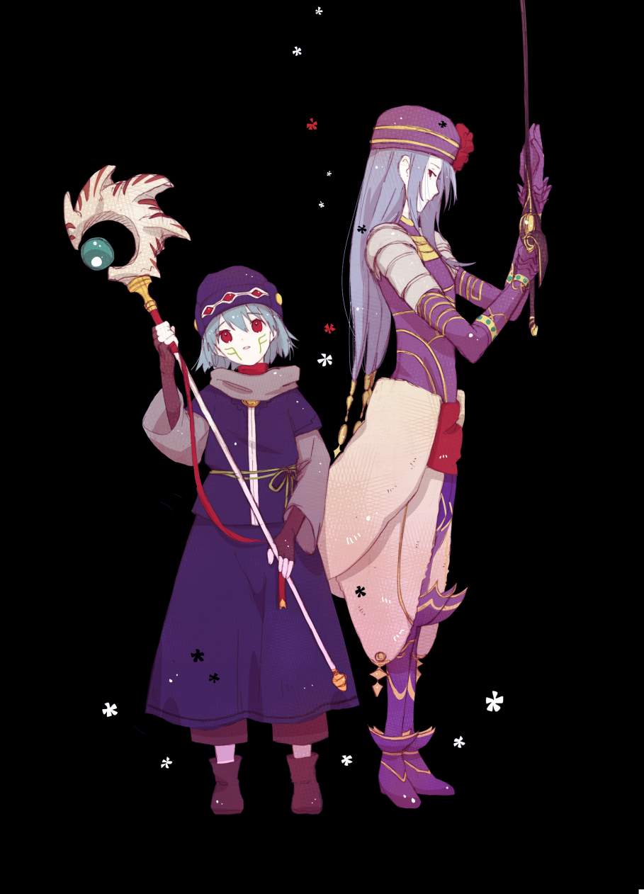 .hack// .hack//g.u. .hack//games 2boys age_comparison armor armored_bodysuit black_background blue_hair blue_hat blue_shirt blue_skirt boots brown_footwear brown_gloves brown_pants commentary_request dual_persona elbow_gloves elk_(.hack//) endrance_(.hack//) facial_mark falling_flower fingerless_gloves flower from_side gloves gold_trim hair_ornament hat hat_flower head_tilt highres holding holding_staff holding_sword holding_weapon layered_sleeves light_blue_hair long_hair long_sleeves looking_to_the_side mage_staff male_focus medium_skirt multiple_boys overskirt pale_skin pants pants_under_skirt parted_lips pauldrons profile purple_armor purple_footwear purple_gloves purple_hat red_eyes red_flower red_ribbon ribbon rope_belt ruhuna_02 shirt short_hair shoulder_armor sidelocks sideways_glance simple_background skinny skirt spoilers staff standing straight-on straight_hair sword sword_in_front_of_face very_long_hair weapon white_overskirt