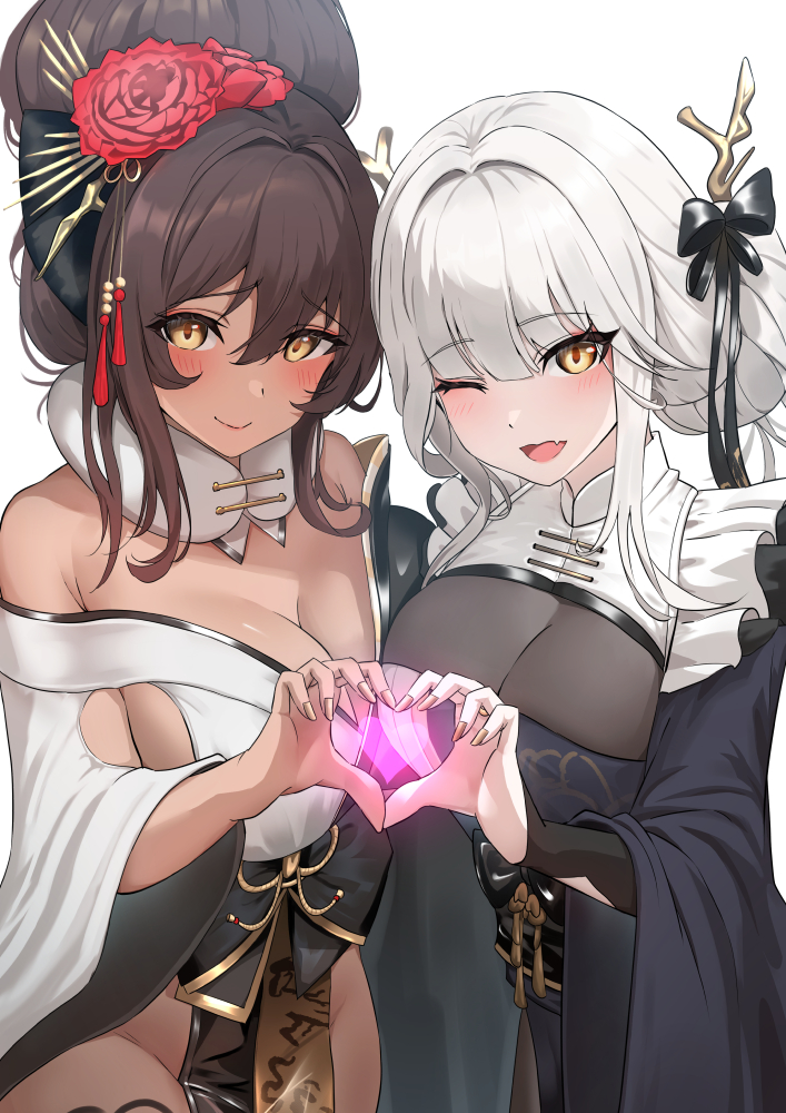 2girls 777_(nikke) bare_shoulders black_kimono blanc_(nikke) blanc_(white_rabbit)_(nikke) blush bodystocking breast_press breasts brown_hair dark_skin frills fur_collar goddess_of_victory:_nikke hair_ornament hairpin hatenoga heart heart_hands heart_hands_duo highleg japanese_clothes kimono large_breasts looking_at_viewer multiple_girls nail_polish noir_(black_rabbit)_(nikke) noir_(nikke) obi official_alternate_costume one_eye_closed sash shy siblings sisters skindentation thighhighs white_hair yellow_eyes
