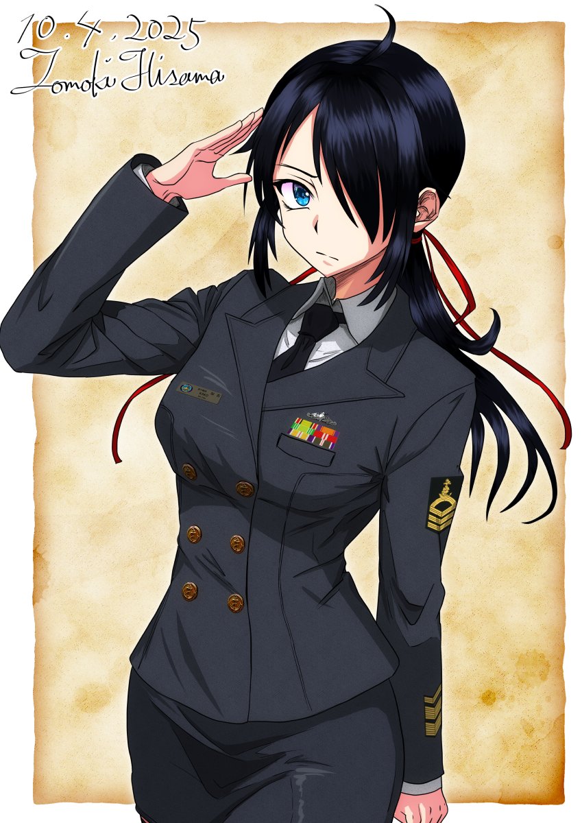 1girl ahoge alternate_costume artist_name black_hair black_jacket black_necktie black_skirt blue_eyes buttons collared_shirt dated double-breasted hair_over_one_eye hair_ribbon highres hisamatomoki jacket japan_maritime_self-defense_force japan_self-defense_force kako_(kancolle) kako_kai_ni_(kancolle) kantai_collection long_hair long_sleeves military military_dress_uniform military_rank_insignia military_uniform naval_dress_uniform naval_uniform necktie one-hour_drawing_challenge parted_bangs ponytail red_ribbon ribbon ribbon_bar salute shirt skirt solo white_shirt