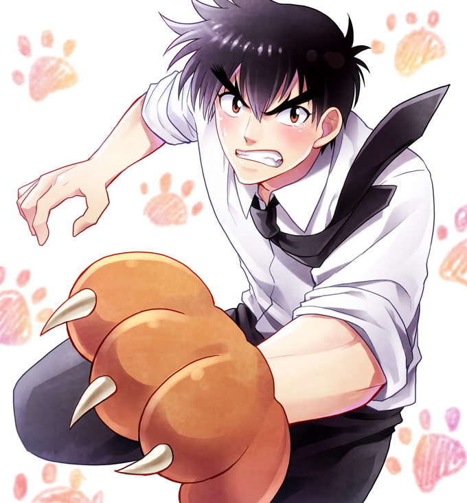 1boy animal_hands black_hair black_necktie black_pants blush brown_eyes claws collared_shirt gloves grimace jigoku_sensei_nube jin_akhr looking_at_viewer male_focus necktie nueno_meisuke pants paw_gloves paw_print shirt solo tears v-shaped_eyebrows white_shirt
