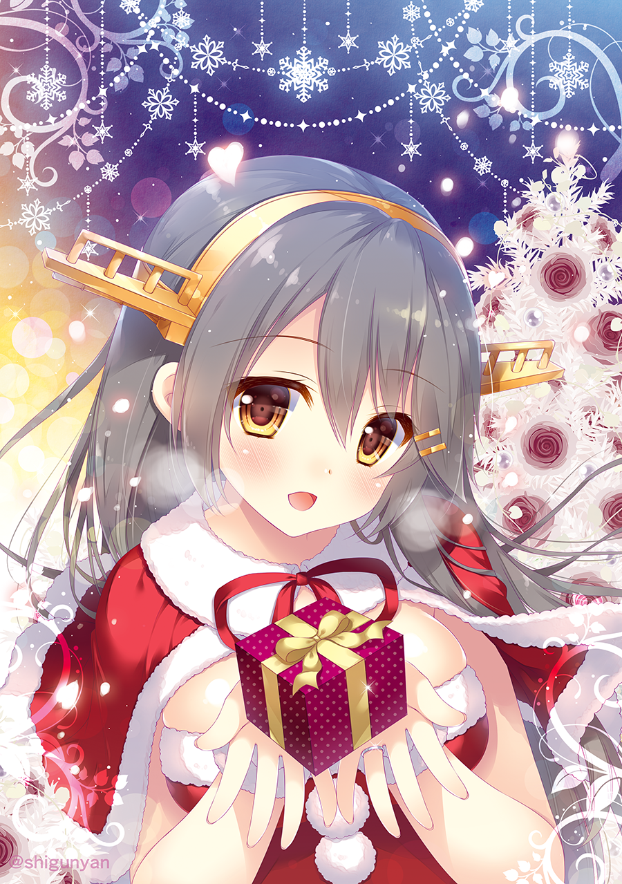 1girl :d box brown_eyes capelet christmas christmas_tree commentary english_commentary fur-trimmed_capelet fur_trim gift gift_box grey_hair hair_ornament hairclip haruna_(kancolle) headgear highres holding holding_box kantai_collection long_hair open_mouth red_capelet santa_costume shigunyan smile solo upper_body
