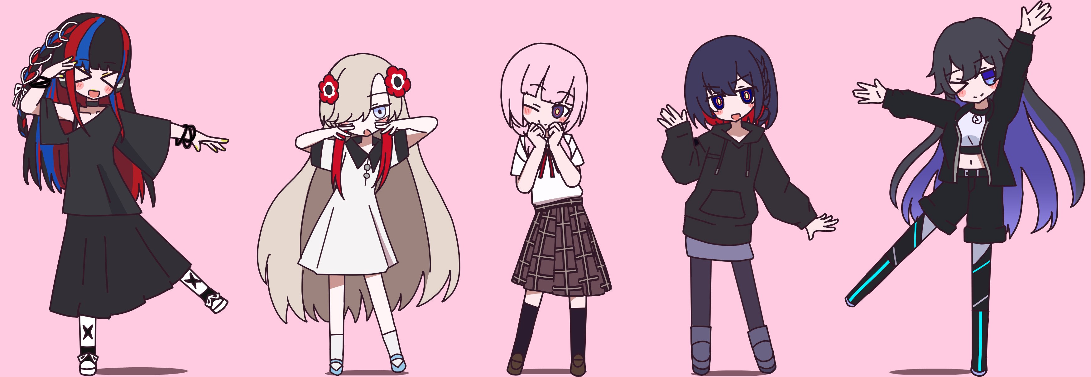 >_< 5girls absurdres amazake_horida black_hair black_pantyhose black_shorts black_skirt blue_eyes blue_hair blunt_bangs boots collared_shirt colored_inner_hair crop_top dress hair_over_eyes harusaruhi highres isekaijoucho kaf_(kamitsubaki_studio) kamitsubaki_studio koko_(kamitsubaki_studio) loafers long_hair long_skirt looking_at_viewer mary_janes multicolored_hair multiple_girls one_eye_closed pantyhose pencil_skirt pink_hair pleated_skirt rim_(kamitsubaki_studio) school_uniform shirt shoes short_hair short_sleeves shorts sidelocks skirt smile sneakers sweater thighhighs very_long_hair white_dress white_hair white_shirt zako_(vocaloid)
