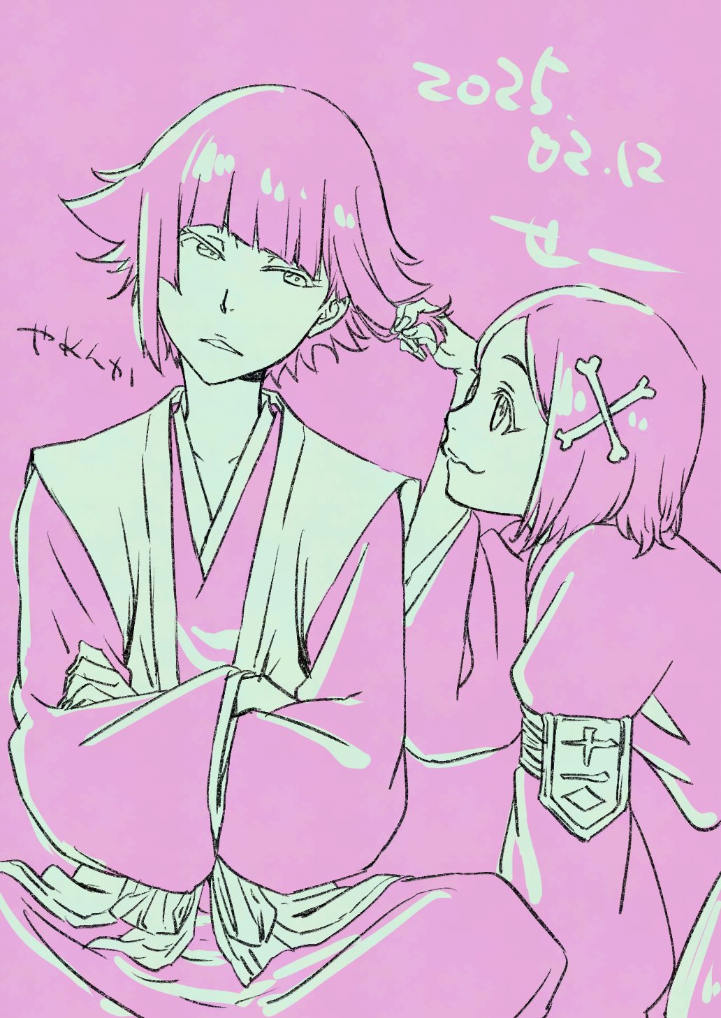2girls badge birthday bleach blunt_bangs bone_hair_ornament child closed_mouth commentary_request crossed_arms dated eye_contact fukutaichou_badge hair_ornament hand_in_another&#039;s_hair haori head_tilt highres indian_style japanese_clothes komatsubara_sei kusajishi_yachiru long_sleeves looking_at_another monochrome multiple_girls parted_lips pink_theme profile sash shihakusho short_hair sidelocks sitting smile sui-feng taichou_haori wide_sleeves