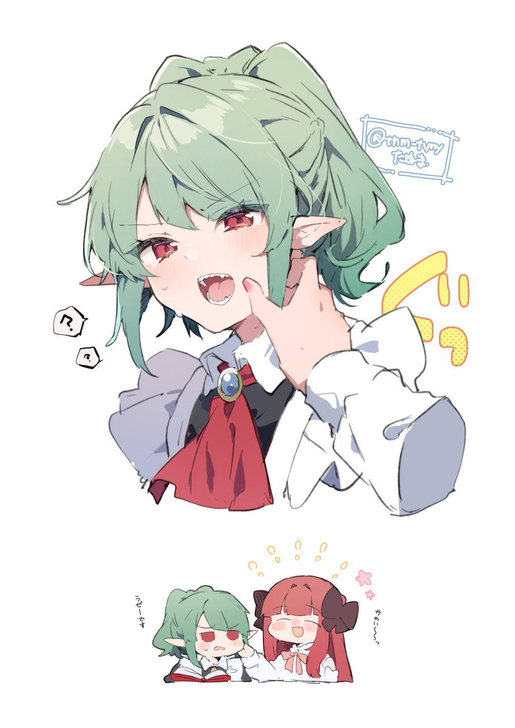 2girls ? ^_^ anna_(ikeuchi_tanuma) artist_name black_bow bow cheek_pinching closed_eyes cropped_arm fangs gem green_hair hair_bow hand_on_another&#039;s_cheek hand_on_another&#039;s_face highres ikeuchi_tanuma jitome long_sleeves maid multiple_girls open_mouth original pinching red_eyes red_hair rosette_(ikeuchi_tanuma) signature spoken_question_mark teeth tongue translation_request twitter_username