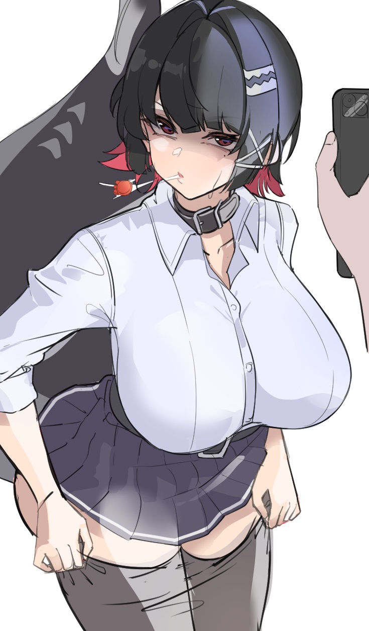 1girl 1other belt belt_buckle belt_collar black_belt black_choker black_hair black_skirt blunt_bangs breasts buckle candy choker collar colored_inner_hair disdain disembodied_hand ellen_joe ellen_joe_(on_campus) fins fish_tail food highres holding holding_phone large_breasts metal_hairband mole mole_under_eye multicolored_hair phone pleated_skirt pulling_own_clothes red_eyes shaded_face shark_girl shark_tail shirt short_hair simple_background skirt spitting sweat tail thighhighs vxfm8532 white_background white_shirt zenless_zone_zero