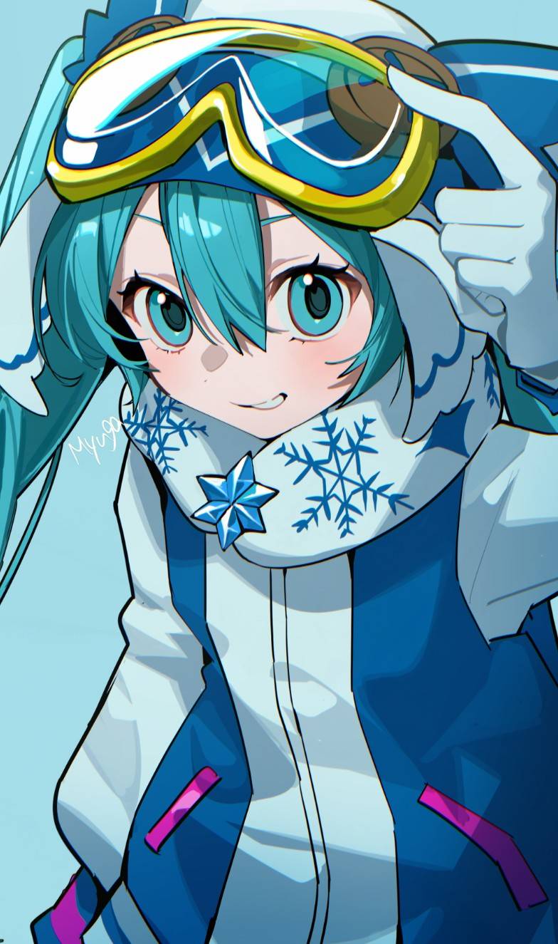 1girl adjusting_eyewear aqua_eyes aqua_hair blue_background blue_coat coat commentary_request gloves goggles goggles_on_headwear grin hatsune_miku highres looking_at_viewer looking_to_the_side multicolored_coat myuga66666 owl_hat purple_trim scarf smile snowflake_print solo twintails upper_body vocaloid white_coat white_gloves white_scarf yuki_miku yuki_miku_(2016)