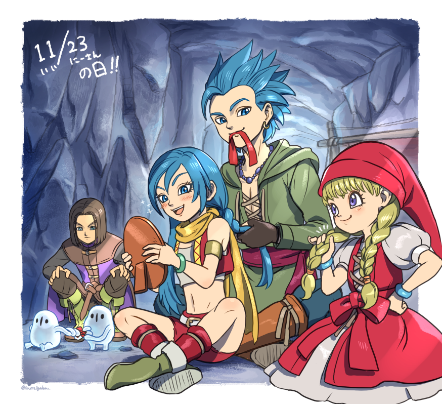 2boys 2girls 2others :d aqua_eyes aqua_pants armlet bead_necklace beads belt blonde_hair blue_eyes blue_hair blush boots border bow bracelet braid braiding_hair brother_and_sister brown_hair brown_pants brown_trim camus_(dq11) cave_interior commentary_request crop_top dated dragon_quest dragon_quest_xi dress earrings gold_armlet gold_earrings green_boots green_shoes green_tunic hair_down hairdressing hand_on_own_hip hands_on_own_knees hat hero_(dq11) holding holding_mirror hoop_earrings indian_style janis_(hainegom) jewelry long_hair looking_at_another looking_at_mirror looking_down looking_to_the_side low_twin_braids maya_(dq11) medium_hair midriff mirror mouth_hold multiple_boys multiple_girls multiple_others navel necklace open_mouth orange_socks pants parted_hair puffy_short_sleeves puffy_sleeves purple_eyes purple_tunic red_bow red_dress red_hat red_ribbon red_sash red_shorts red_socks red_vest ribbon ribbon_in_mouth sash scarf shirt shirt_under_dress shoes short_hair short_sleeves shorts siblings single_bang sitting smile socks sparkle spiked_hair squatting tockle_(dq11) translation_request tunic twin_braids veronica_(dq11) vest white_belt white_border white_shirt yellow_scarf yellow_trim