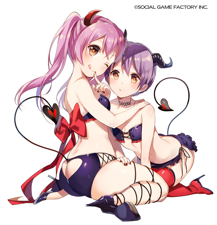 2girls ;q ass bare_shoulders black_nails blush boots bow breasts butt_crack choker closed_mouth clothing_cutout company_name cross-laced_clothes demon_tail eyebrows finger_to_mouth frills full_body hair_between_eyes hand_on_another&#039;s_shoulder hand_on_another&#039;s_thigh heart heart-shaped_pupils heart_cutout high_heel_boots high_heels horns kneeling leg_ribbon long_hair midriff miniskirt multiple_girls nail_polish no_socks one_eye_closed orange_eyes original pink_hair purple_footwear purple_hair purple_shorts purple_skirt red_bow red_footwear ribbon shoes short_hair shorts side-tie_skirt side_slit simple_background sitting skirt small_breasts smile symbol-shaped_pupils tail tail_through_clothes tongue tongue_out twintails wariza white_background yuzuki_kihiro