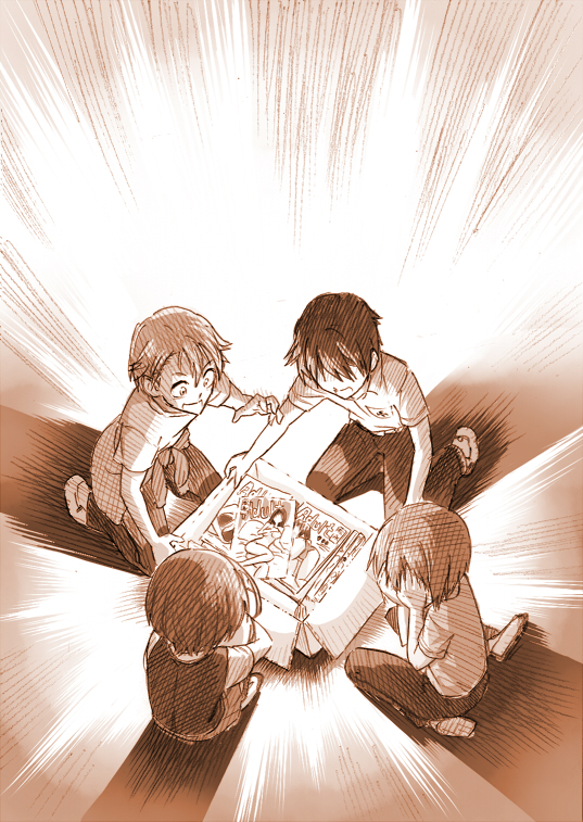 10s 1girl 3boys another box bungo covering_face magazine_(object) misaki_mei mochizuki_yuuya monochrome multiple_boys pornography sakakibara_kouichi school_uniform short_hair teshigawara_naoya yamashita_bungo