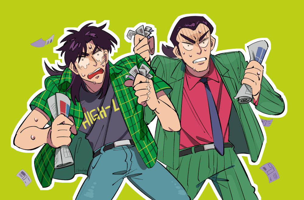 2boys band_shirt banknote belt black_belt black_hair black_shirt clenched_teeth collared_shirt commentary_request cowboy_shot facial_scar formal_clothes gin_to_kin green_background green_jacket green_pants green_shirt grey_necktie holding holding_money holding_newspaper inudori itou_kaiji jacket kaiji long_hair long_sleeves low_ponytail male_focus merchandise money morita_tetsuo multiple_boys necktie newspaper open_mouth outline pants parted_bangs pinstripe_pattern pinstripe_suit plaid_clothes plaid_shirt ponytail red_shirt rolled_up_newspaper scar scar_on_cheek scar_on_face scar_on_hand shirt shirt_tucked_in short_hair short_sleeves striped_clothes striped_jacket striped_pants suit sweat teeth the_high-lows upper_teeth_only v-shaped_eyebrows vertical-striped_clothes vertical-striped_jacket vertical-striped_pants wavy_eyes white_outline