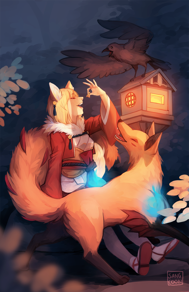 1girl animal_ears artist_name bird blonde_hair cheese closed_eyes crow fire_emblem fire_emblem_fates food fox fox_ears fox_tail fur_trim highres japanese_clothes kitsune leaf nintendo open_mouth sandals sangcoon selkie_(fire_emblem) sitting tail teeth thighhighs tree