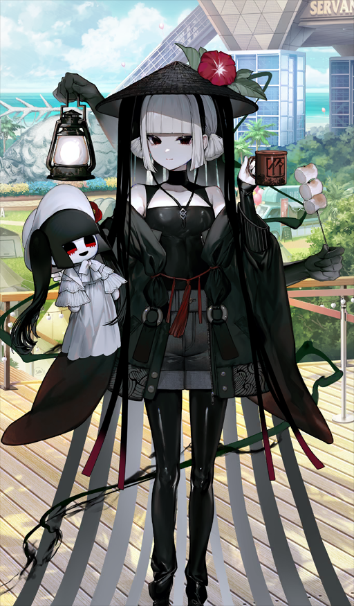 1girl albino_(a1b1n0623) bare_shoulders black_camisole black_eyes black_jacket black_pantyhose blunt_bangs breasts camisole character_doll cup fate/grand_order fate_(series) flower food ghost_hands grey_hair grey_shorts hat jacket jewelry komahime_(fate) lamp long_sleeves looking_at_viewer marshmallow mug necklace off_shoulder official_art pantyhose rice_hat roasted_marshmallow sen_no_rikyu_(fate) short_hair shorts small_breasts smile solo