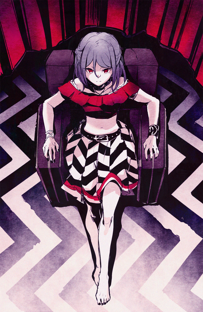 1girl aikatsu!_(series) aikatsu_friends! armchair bad_id bad_twitter_id bare_shoulders barefoot black_nails black_skirt blue_hair bracelet chair closed_mouth cropped_shirt curtains from_above full_body hair_between_eyes highres image_sample jewelry looking_at_viewer midriff minato_mio nail_polish on_chair pleated_skirt red_eyes red_shirt shiontaso shirt short_hair sitting skirt solo twitter_sample two-tone_skirt