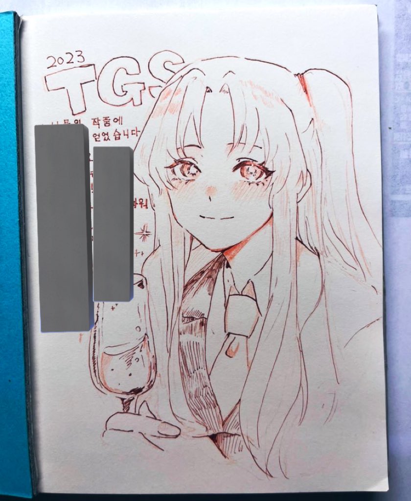 1girl angela_(project_moon) blush champagne_flute closed_mouth collared_shirt cup drinking_glass holding holding_cup lab_coat lobotomy_corporation looking_at_viewer monochrome moth_ram necktie nib_pen_(medium) one_side_up parted_bangs pen_(medium) project_moon red_theme shirt simple_background smile solo tokyo_game_show traditional_media vest