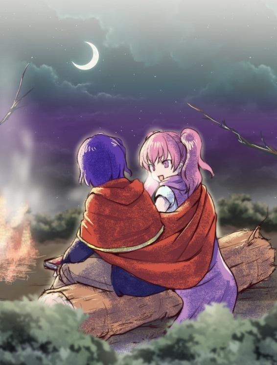 1boy 1girl campfire cape crescent_moon dress erk_(fire_emblem) fire_emblem fire_emblem:_the_blazing_blade log long_hair looking_at_another moon night nintendo outdoors pink_hair purple_eyes purple_hair purple_scarf red_cape scarf serra_(fire_emblem) short_hair sitting_on_log twintails umehime white_dress