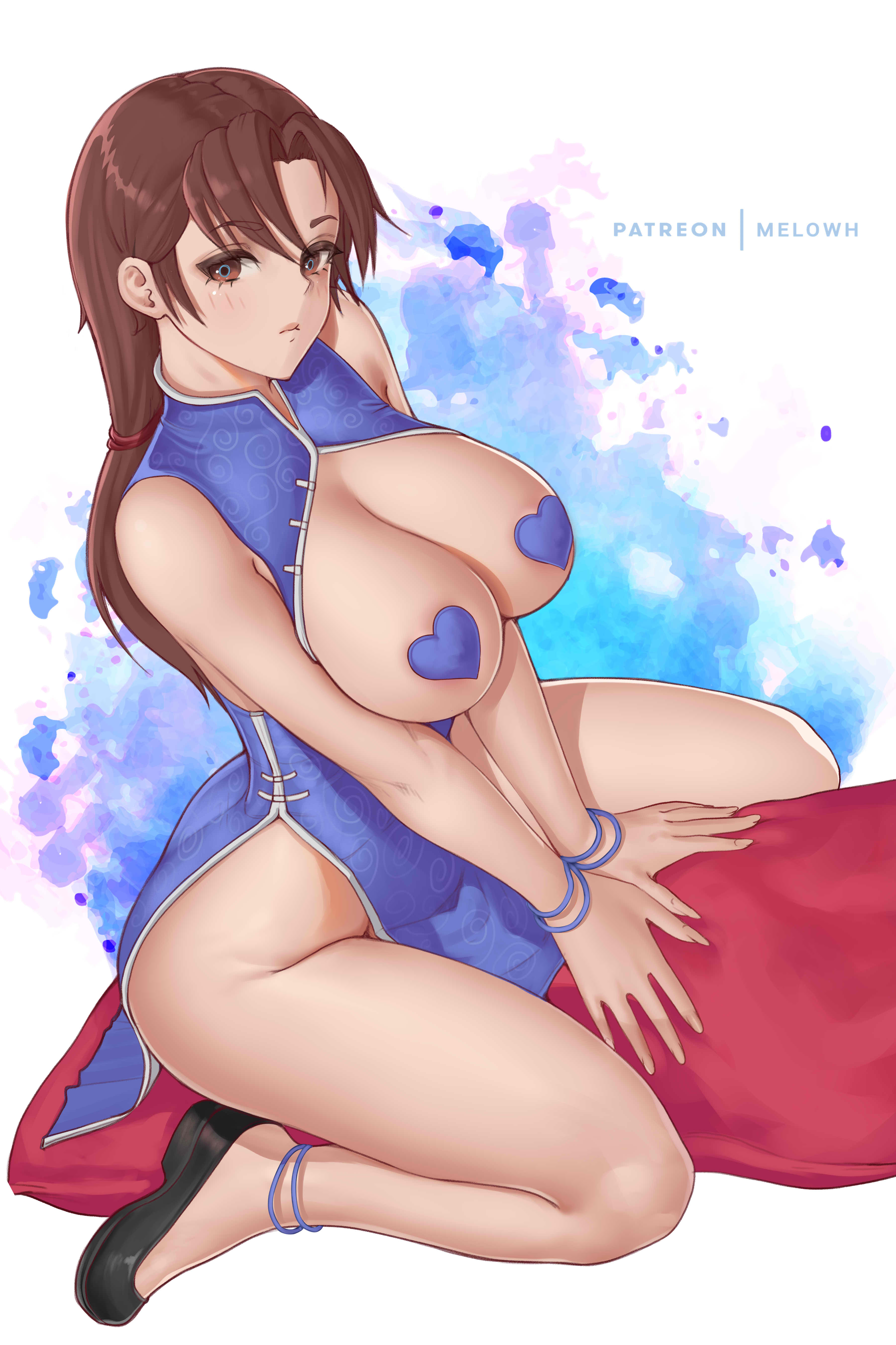 1girl absurdres anklet artist_name ass black_footwear blue_dress blush border bottomless bracelet breasts breasts_out brown_eyes brown_hair china_dress chinese_clothes cleavage clothing_cutout dress expressionless heart_pasties highres hong_xiu_ying jewelry large_breasts long_hair looking_at_viewer low-tied_long_hair melowh no_panties pasties ringed_eyes sega shenmue shenmue_ii shenmue_the_animation sitting sitting_on_object solo straddling thick_thighs thighs v_arms watercolor_background white_border