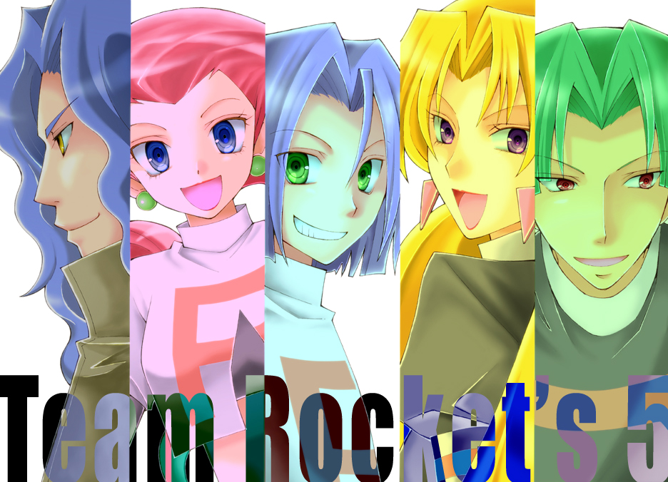 2girls 3boys blonde_hair blue_eyes blue_hair brown_eyes butch_(pokemon) cassidy_(pokemon) green_eyes green_hair james_(pokemon) jessie_(pokemon) looking_at_viewer multiple_boys multiple_girls nintendo pierce_(pokemon) pokemon pokemon_(anime) purple_eyes purple_hair red_hair sebuchin smile team_rocket team_rocket_uniform yellow_eyes
