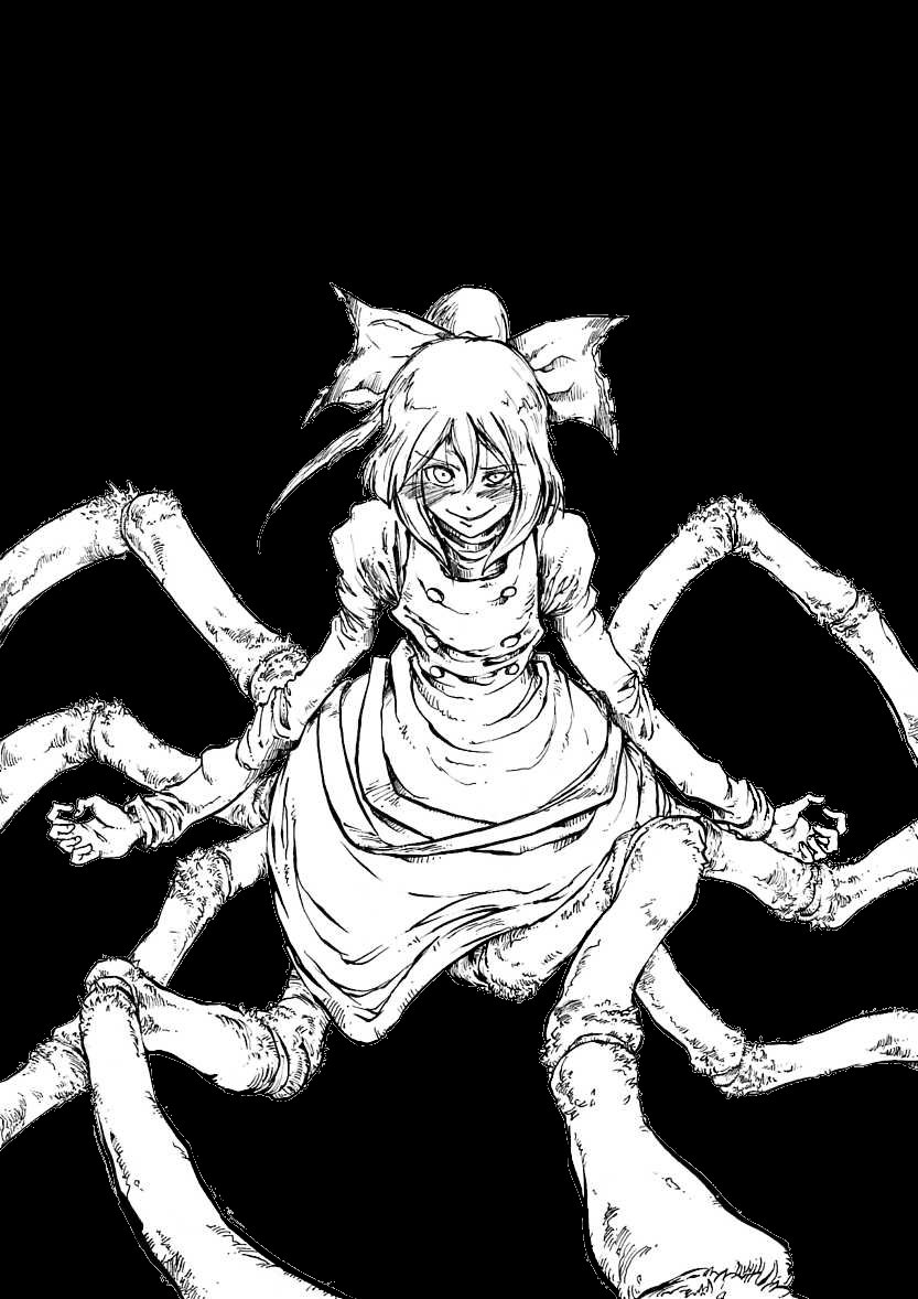 1girl arthropod_girl bow bug female_focus greyscale hair_bow insect_girl kurodani_yamame monochrome monster_girl pandemonium short_hair simple_background solo spider spider_girl touhou
